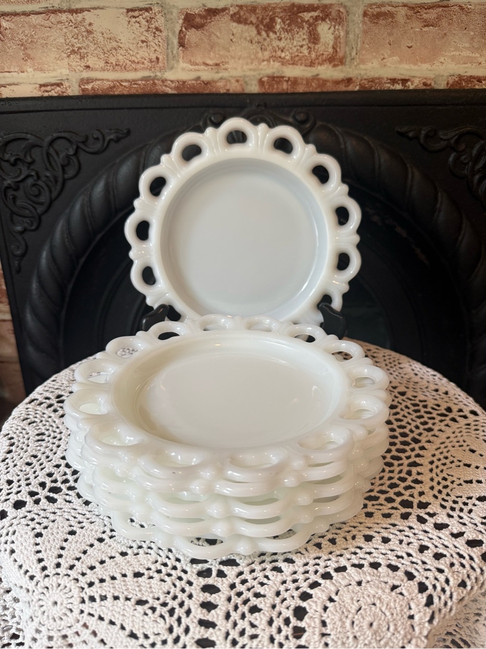 Vintage White Milk Glass Old Colony Lace Edge Dessert Salad Plates - Set of 6